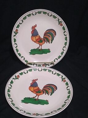 Vintage Alco Industrise 2 Rooster Ceramic Dinner Plates Green Leaf Trim (B4) S2
